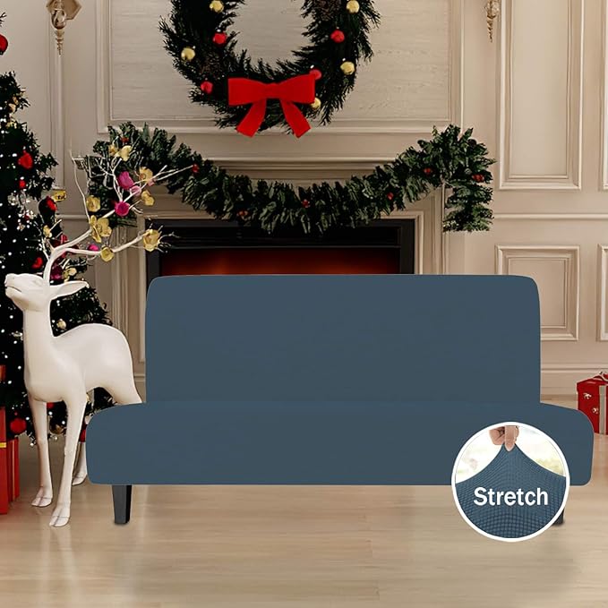 Easy-Going Stretch Futon Slipcover Armless Futon Bed Cover Furniture Protector Without Armrests with Elastic Bottom for Kids, Soft Jacquard Fabric Small Checks (Large, Bluestone)