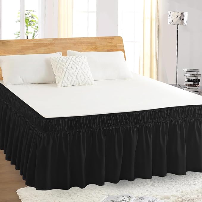 Full Bed Skirt, Elastic Wrap Around Bed Skirt Full Size, Bed Skirts for Adjustable Bed, Easy Fit with 18" Drop Length Tailored Drop Dust Ruffle (Black)