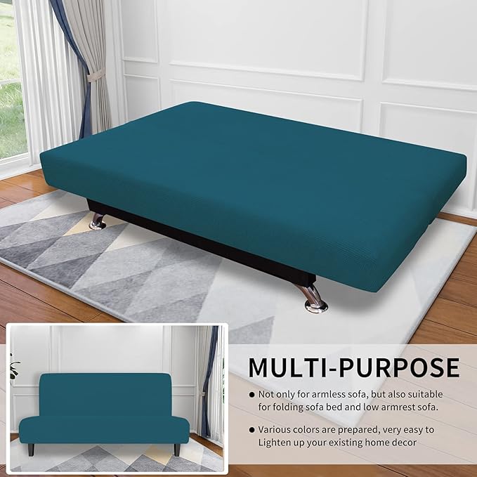 Easy-Going Stretch Futon Slipcover Armless Futon Bed Cover Furniture Protector Without Armrests with Elastic Bottom for Kids, Soft Jacquard Fabric Small Checks (Large, Peacock Blue)