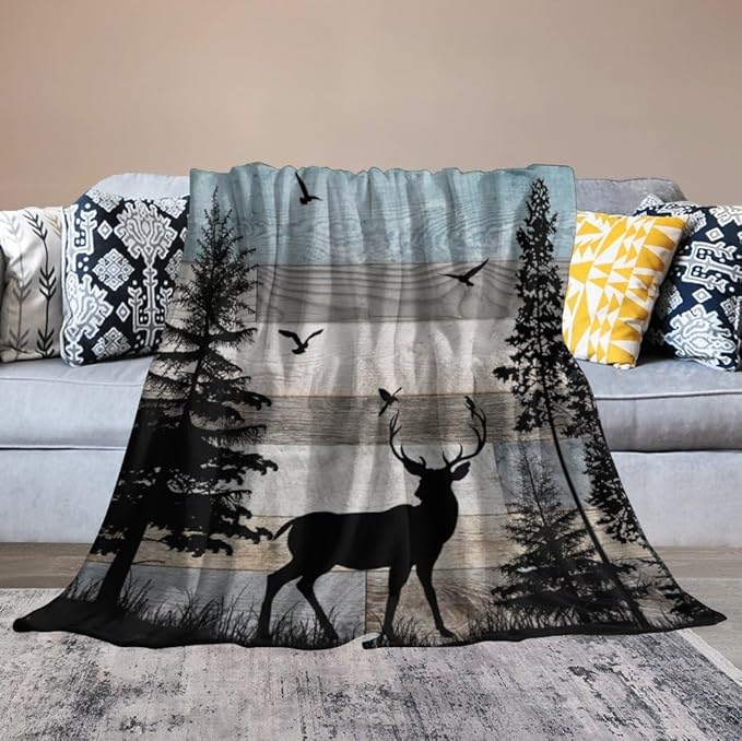 Rustic Deer Throw Blanket, Retro Cabin Farmhouse Country Lodge Blue Brown Wooden Board Wild Forest Animals Deer Bird Print Warm Cozy Blanket for Bed Couch Sofa Travel, 50"x60"