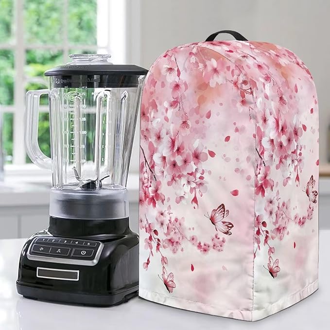 Kitchen Blender and Food Processor Dust Cover with Top Handle and Drawstring, Dust Protection Easy to Clean Small Appliance Coffee Juicer Maker Appliance Cover Pink Plum Blossom
