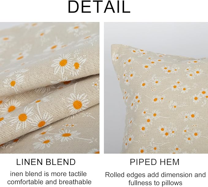 Spring Flower Lumbar Throw Pillow Cover 12x 20 Set of 2, Embroidered Daisy Farmhouse Linen Pillow Cushion Cases, Decorative Pillows for Bed, Outdoor Couch Bedroom Car Cream