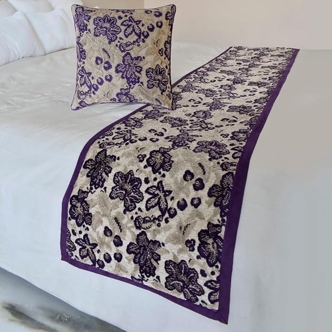The HomeCentric King/Queen/Twin Purple Decorative King 90"x18" Bed Runner Without Pillow Cover, Floral, Velvet Bed Scarf on Velvet Fabric - Plum Petal