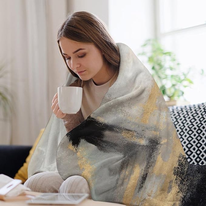 Fashion Gradient Blanket, Modern Abstract Baroque Glod Grey Painting Strokes Pattern Soft Warm Cozy Plush Flannel Covers for Livingroom Bedroom Couch Chair Camping Travel Home Decor Tapestry 50x60in