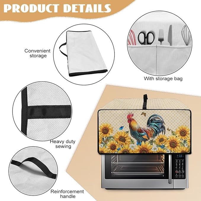 Microwave Oven Dust Cover Waterproof Dustproof Microwave Toaster Oven Cover Fabric Kitchen Machine Covers for Toaster Oven Air Fryer, Rooster Chicken Sunflower Butterfly Polka Dot Print, M