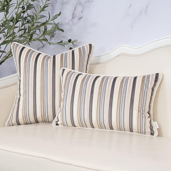 Yangest Beige Striped Throw Pillow Cover Multicolor Velvet Cushion Cover Zippered Rectangular Pillowcase for Sofa Couch Bedroom Living Room Home Decoration, 12x20 Inch