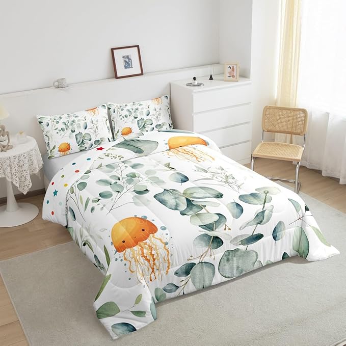 Erosebridal Kawaii Jellyfish Toddler Bedding Sets for Boys Girls Cartoon Animal Comforter Set, Eucalyptus Leaves Bedding Comforter Sets Ocean Wildlife Duvet Insert, Tropical Plants Down Comforter