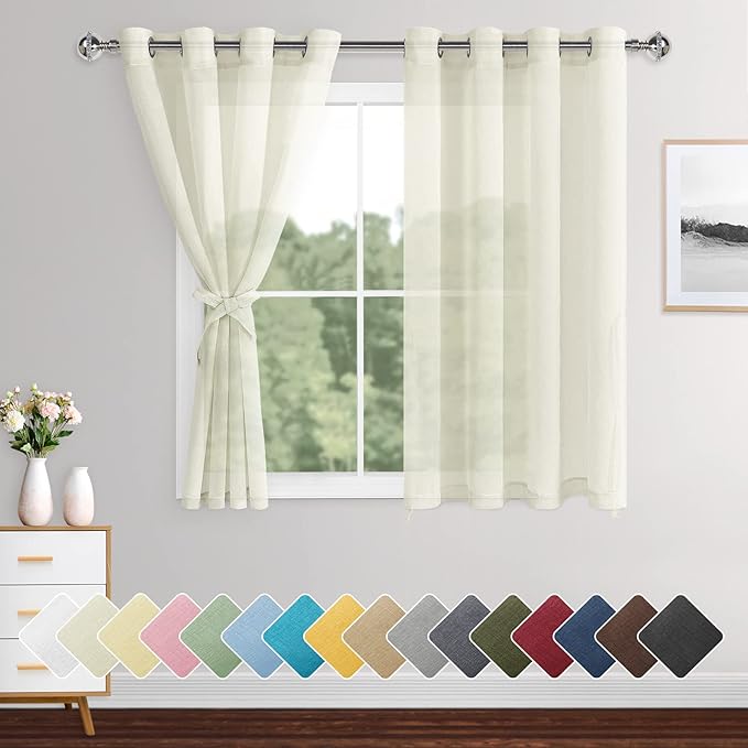 XWZO Sheer Curtains for Bedroom, Light Filtering Semi Transparent Voile Grommet Window Curtains for Living Room, Patio Door, Kids' Room with Tiebacks,Cream, Set of 2 Panels, 52 x 54 Inches Length