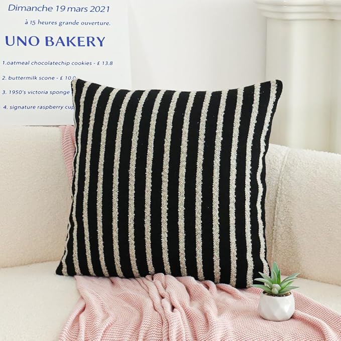 Jonhier Black Striped Boho Throw Pillow Cover, Modern Boucle Textured Square Pillowcase for Sofa Couch Bed, Neutral Farmhouse Accent Decorative Cushion Cover for Living Room Bedroom, 18 x 18 inch