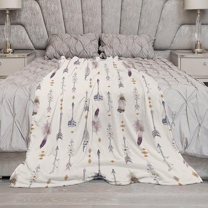 Boho Tribe Blanket, Bohemian Aztec Ethnic Tribe Native Tribal Arrows Feathers Print Pattern Throw Blanket for for Chair Bed Sofa Couch 40"x50"