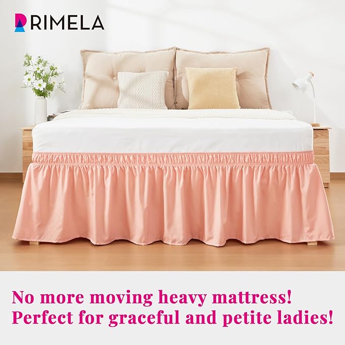 RIMELA Peachy Coral Bed Skirt King Size 15 Inch Drop, Elastic Bed Skirting for Bed Base and Frame, Bedding Dust Ruffle Easy to Install, Wrap Around Adjustable Bedskirt