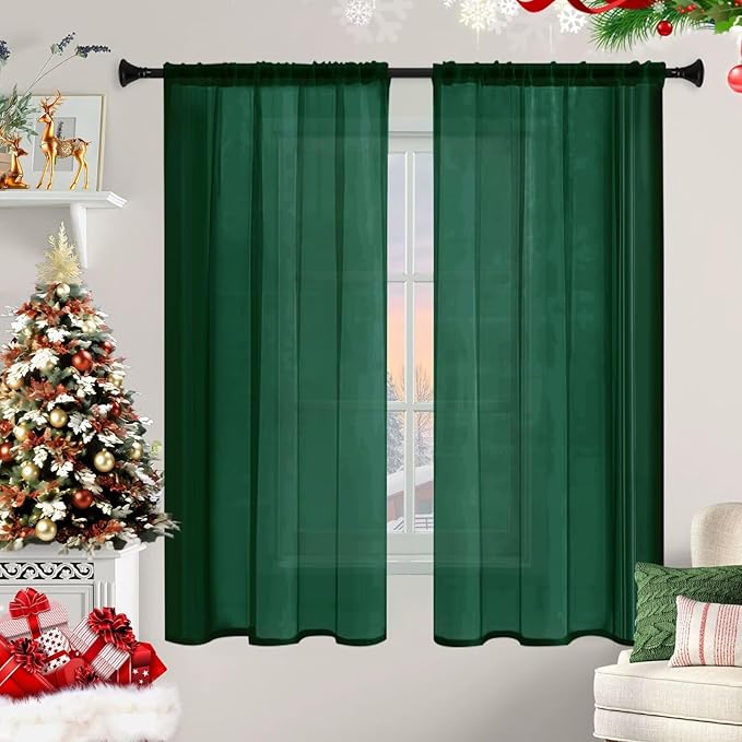 Sheer Curtains 63 Inches Long 2 Panels, Rod Pocket Short Curtain for Kitchen, Bedroom, Cafe Window(Foliage Green 38" W x 63" L)