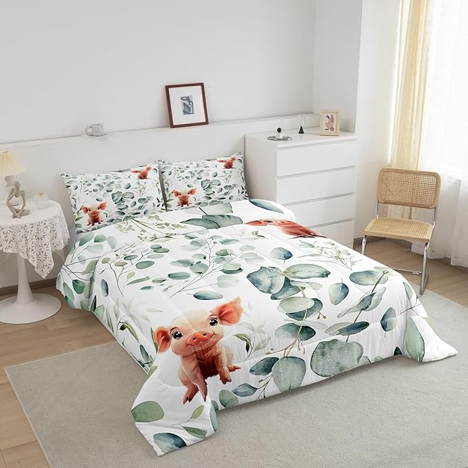 Erosebridal Kawaii Pig King Bedding Sets for Boys Girls Cartoon Animal Comforter Set, Eucalyptus Leaves Duvet Insert Farm Wildlife Down Comforter, Tropical Botanical Plants Bedding Comforter Sets