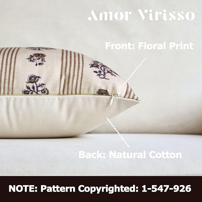 Amor Virisso Floral Throw Pillow Covers 20x20 Set of 2 Block Print Pillow Covers Neutral Floral Striped Farmhouse Decorative Pillow Covers for Sofa Couch Bed, Brown