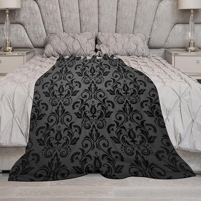Black Damask Blanket, Antique Victorian Style Gothic Vintage Black Floral Bohemian Exotic Print Blanket for Sofa Bed Decor Fuzzy Blanket Twin, 30"x40"
