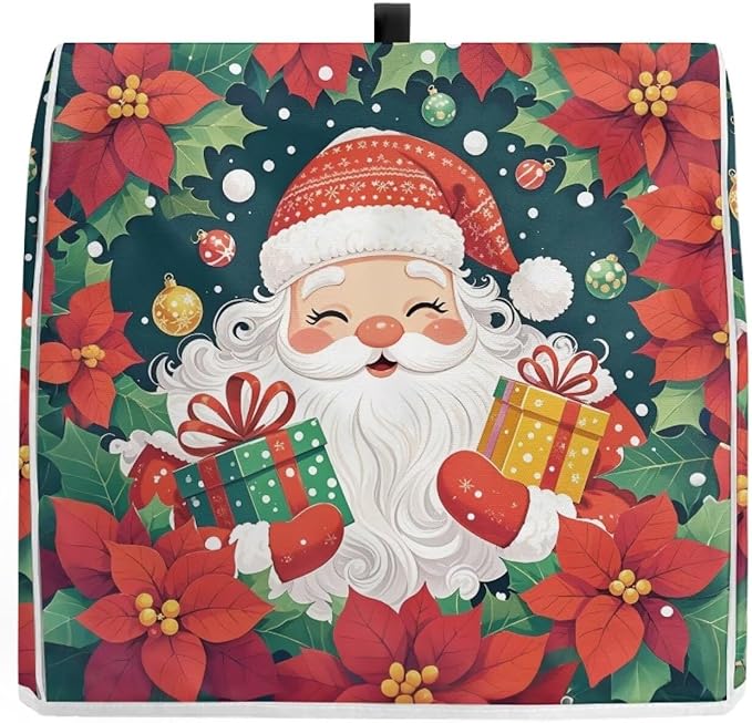 Santa Claus Stand Mixer Cover Dust Protective Poinsettia Stand Mixer Covers For Kitchen Aid 6-8 Quart Mixers Dustproof Cloth Cover for Small Appliance Protector Gift for Holiday