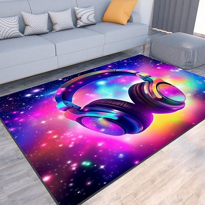 Galaxy Game Area Rug Music Headphone Rugs Colorful Throw Rug Non-Slip Carpet Doormats for Living Room Bedroom Apartment Dorm Floor Mat 63 in x 31 in