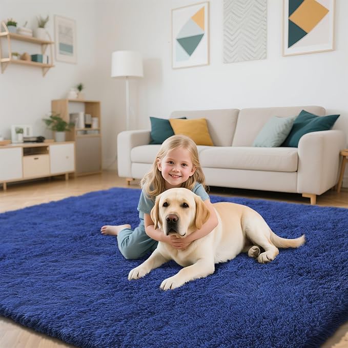 Blue Fluffy Rug Shaggy Area Rug, 3x5 Area Rugs for Girls Bedroom, Soft Cute Baby Play Mat, Indoor Floor Carpet for Teen, Nursery, Preppy Dorm, Plush Aesthetic Bedside Rug