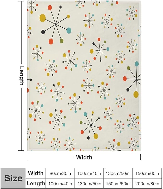 Mid Century Throw Blanket, Retro Abstract Geometric Pattern Boho 1950s 1960s Iconic Atomic Starbursts Modern Sputnik Print Blanket for Couch Sofa Bed Decorative Gifts 60"x80"