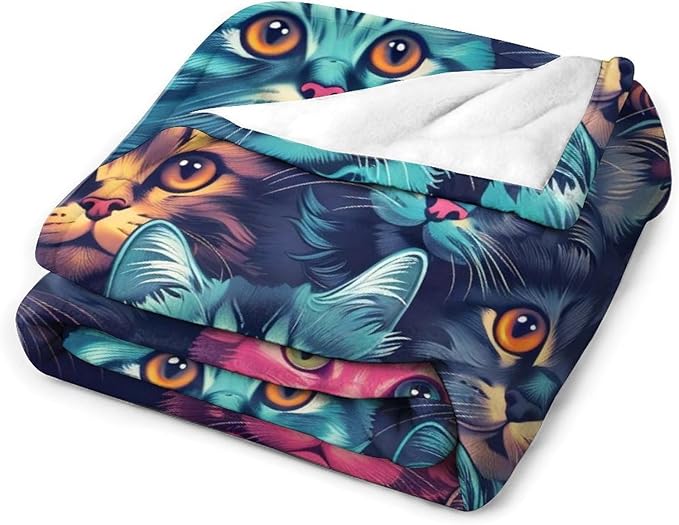 Funny Colorful Cat Print Blanket Kawaii Kitty Animal Throw Blankets Gifts for Couch Sofa Bed Stuff Decor Soft Cozy Fleece Plush Warm Flannel Bedding for Lover Men Women 50"x60"