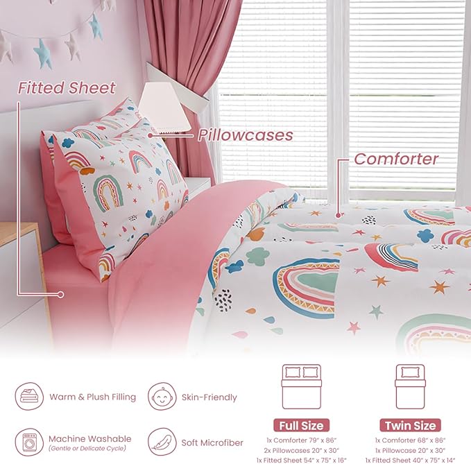 SANDJEST Rainbow Twin Bedding Set for Girls, Ultra Soft Microfiber Comforter Set Twin Size with 3-Pieces for Kids Teen, Bed Set Comforters for Bedroom Decor