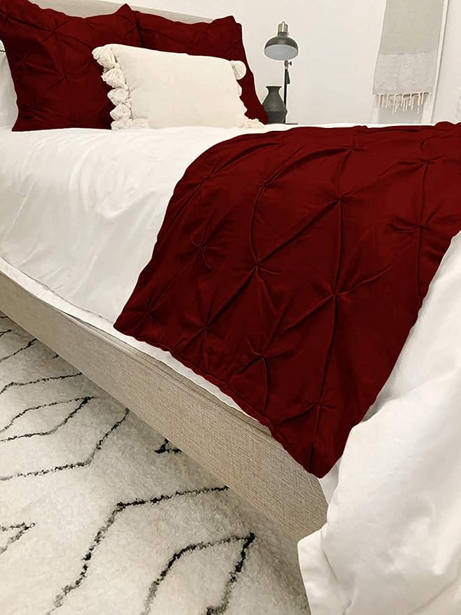 Bed Runner Set - 100% Pure Cotton 800 Thread Count - Luxury 1 Pinch Pleated Bed Runner and 2 Pillow Cover - 3 Piece Pinch Pleated Bed Runner Set Twin, Burgundy