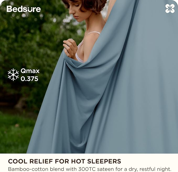 Bedsure Cooling Sheets, Rayon Derived from Bamboo & Cotton Blend, GentleSoft, Breathable, Queen Sheet Set, Deep Pocket Up to 18 Inches, Hotel Luxury Bedding for Hot Sleepers, Dusty Blue