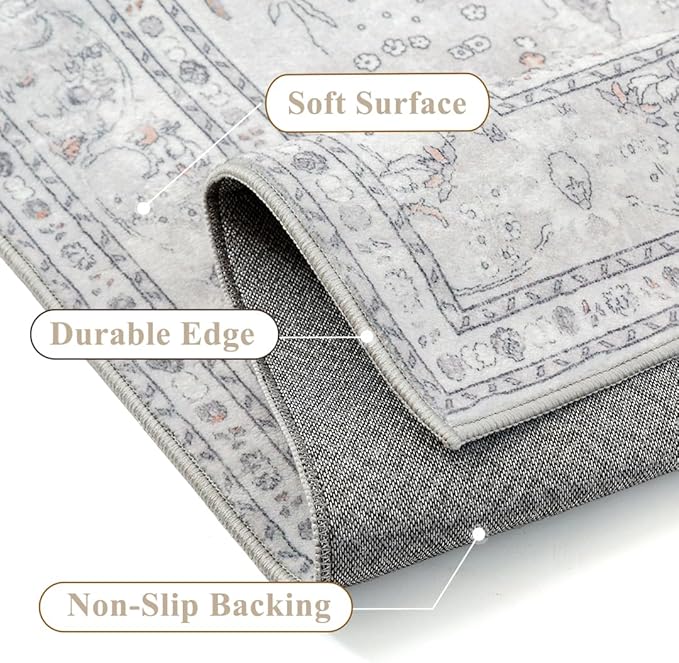 Grey 2x6 Runner Rug Washable Vintage Long Carpet for Hallway Kitchen Soft Retro Floral Low Pile Indoor Runner Non Slip Central Medallion Throw Rug for Bathroom Bedroom Laundry Dining Room
