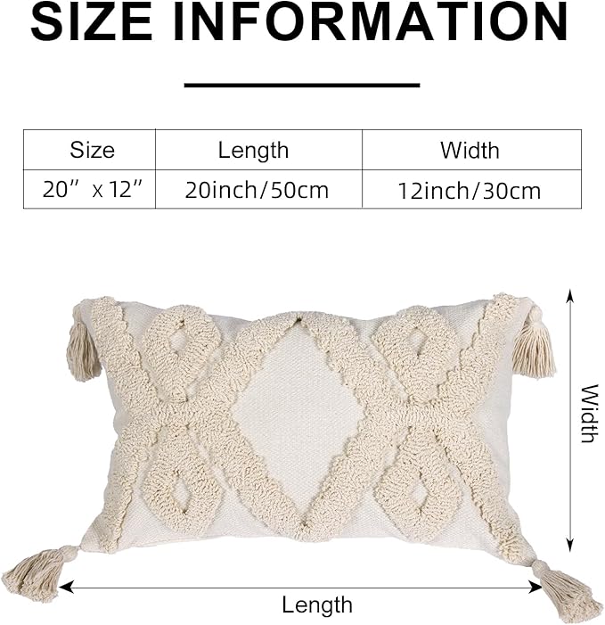 Boho Tufted Lumbar Throw Pillow Cover 12x 20, Modern Simple Diamond Farmhouse Neutral Linen Pillow Cushion Cases with Tassels, Cream Decorative Pillows for Bed, Outdoor Couch Bedroom Car