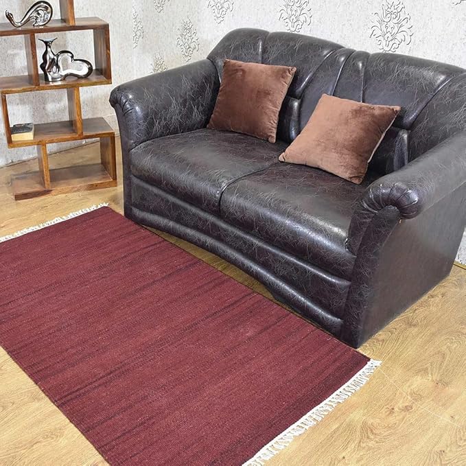 Rugsotic Carpets Hand Woven Flat Weave Kilim Wool ECO-Friendly Area Rugs - 7'x9', Rectangle Shape, Dark Red Color, Solid Plain Design, Low Pile Handmade Rugs for Living Room, Bed Room (D00111)