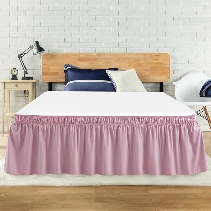 Queen Bed Skirt, Elastic Wrap Around Bed Skirt Queen Size, Bed Skirts for Adjustable Bed, Easy Fit with 18" Drop Length Tailored Drop Dust Ruffle (Pink)