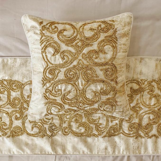 The HomeCentric King/Queen/Twin Gold Designer Full 68"x18" Bed Runner with 2 Pillow Cover, Foil & Hand Beaded Embroidery Bed Scarf on Jacquard Fabric - Ornamento Oro