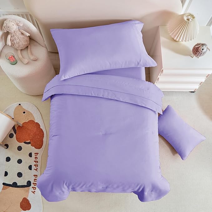 Toddler Bedding Set - 5 Piece Soft and Breathable Toddler Bed Set for Boys and Girls, Includes Quilted Comforter, Fitted Sheet, Flat Top Sheet, Standard Pillowcase and Toddler Pillowcase, Purple