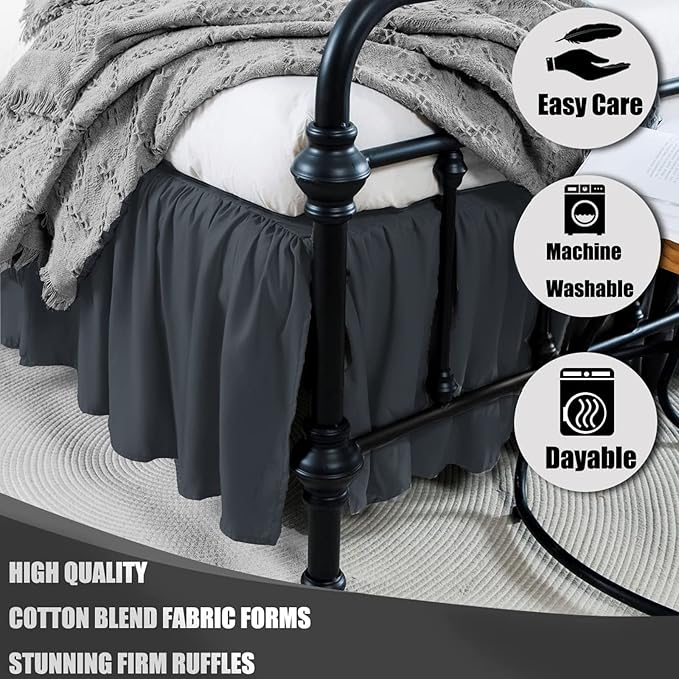 TSUTOMI Black Bed Skirt Twin Size Ruffled Bed Skirt with Split Corners, Twin Bed Skirt 16 Inch Drop,Twin Size Bed Skirt Black for Ruffled Bed Skirt with Split Corners, Bed Skirt Twin Size
