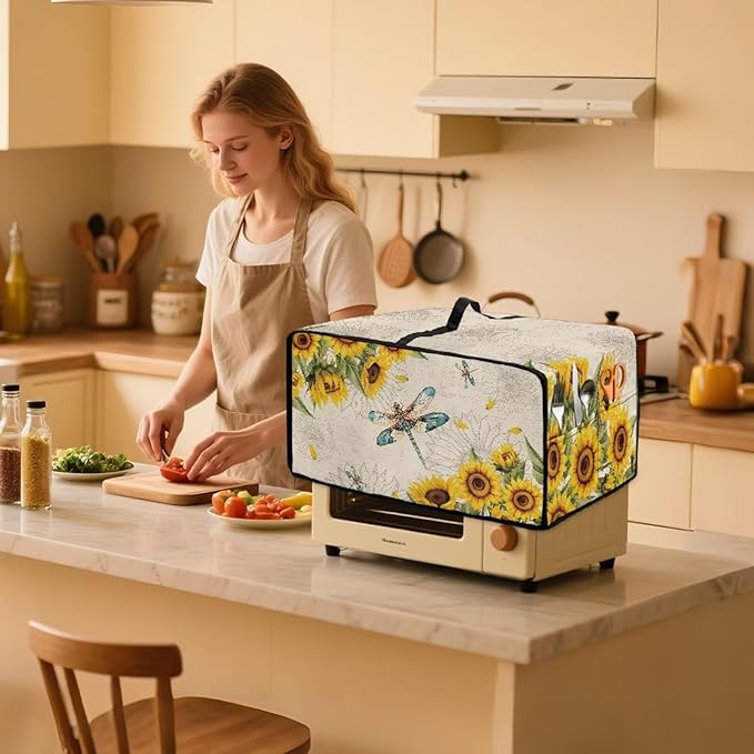 Dragonfly Sunflower Print Microwave Oven Cover Dust-Proof Microwave Toaster Oven Cover with Storage Bags Universal Washable Decor Accessories for Kitchen, L
