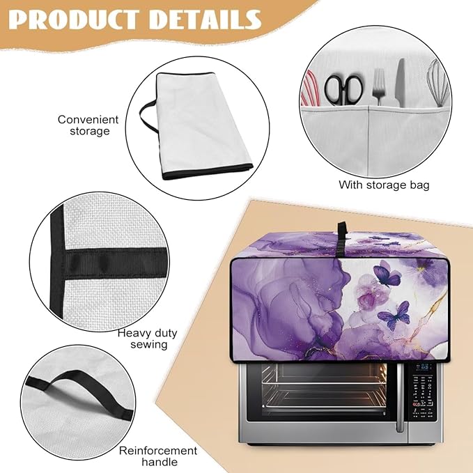Countertop Microwave Oven Cover with Side Pockets, Dust Protection Small Appliance Toaster Ovens Dust Cover, S, 14.5 x 18.5 x 9 Inches, Violet White Marble Butterfly