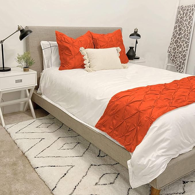 Bed Runner Set - 100% Pure Cotton 800 Thread Count - Luxury 1 Pinch Pleated Bed Runner and 2 Pillow Cover - 3 Piece Pinch Pleated Bed Runner Set California King, Orange