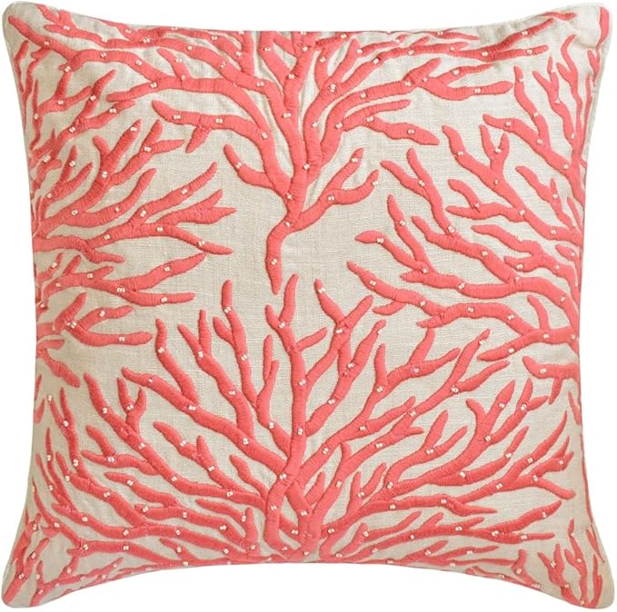 The HomeCentric King/Queen/Twin Coral, Peach & Pink Designer King 90"x18" Bed Runner with 2 Pillow Cover, Coral, Pearl Embroidery, Under The Sea & Beach Theme on Linen Fabric - Coraline Pearls