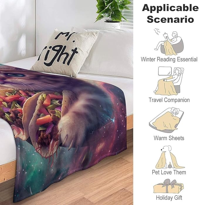 Funny Cat Print Blanket Taco Cute Kitty Animal Galaxy Throw Blankets Gifts for Couch Sofa Stuff Decor Soft Cozy Plush Flannel Bedding for Lover Men Women 60"x80"