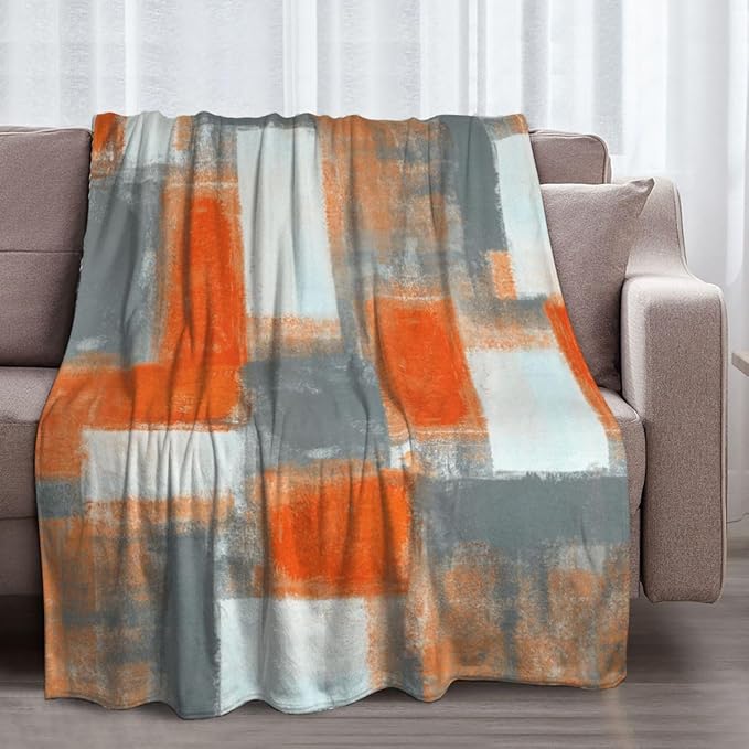 LOKMU Throw Blanket, Orange and Grey White Abstract Art Ultra-Soft Cozy Flannel Blankets, Fuzzy Plush Lightweight Modern Blanket for Couch Sofa Bedding Home Decor, 80" L x 60" W