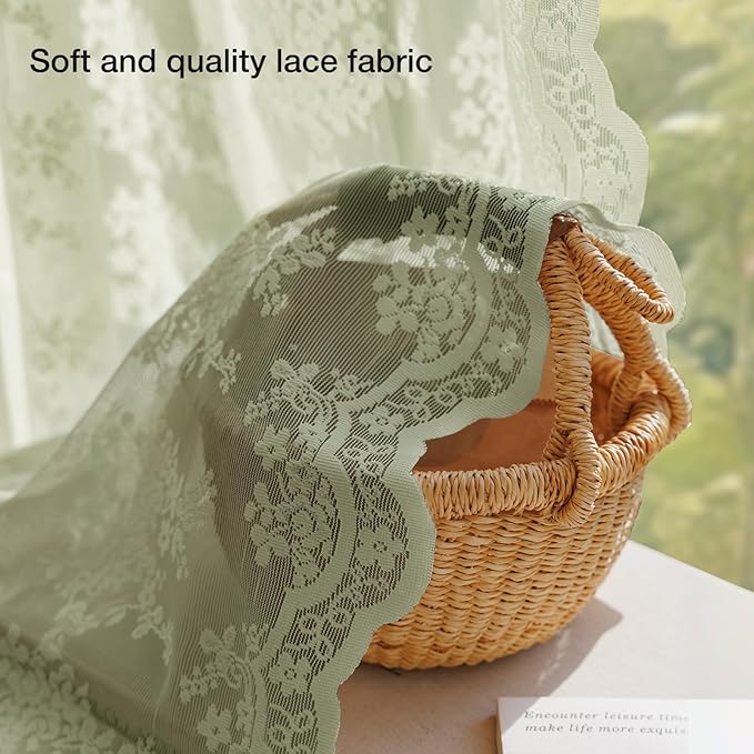 Anmao Vintage Lace Curtains 54 Inches Long 2 Panels Set, Romantic Elegant Light Filtering Semi Sheer Floral Thick Lacy Curtain Drapes for Living Room and Bedroom, Each Panel 55W x 54L, Dry Grass Green