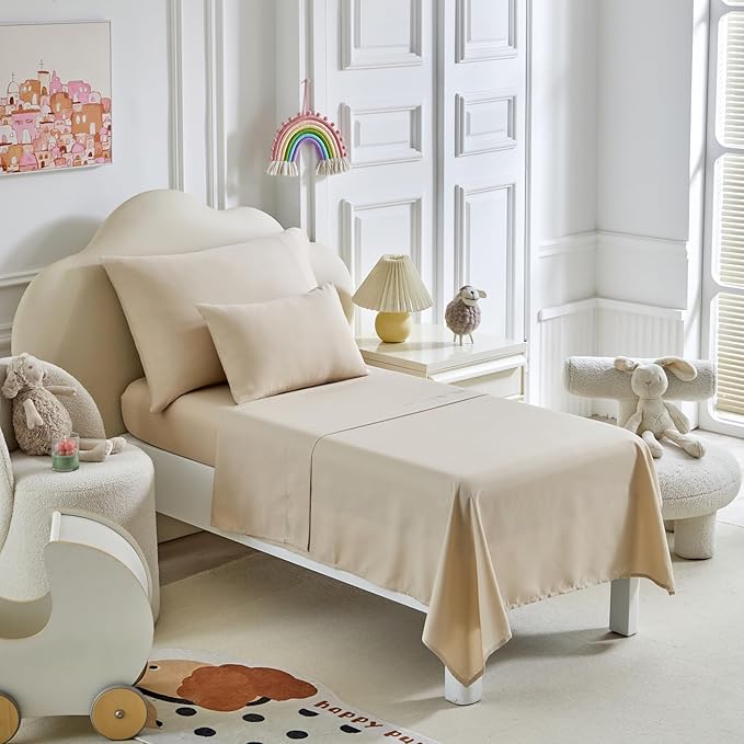 Toddler Bedding Set - 5 Piece Soft and Breathable Toddler Bed Set for Boys and Girls, Includes Quilted Comforter, Fitted Sheet, Flat Top Sheet, Standard Pillowcase and Toddler Pillowcase, Cream Beige