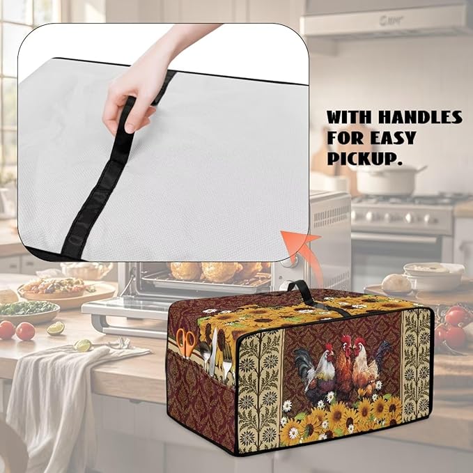 Convection Oven Dustproof Cover with Pockets, Washable Toaster Oven Cover Small Appliance Accessories for Kitchen Countertop, S, Chicken Rooster Sunflower Daisy Floral