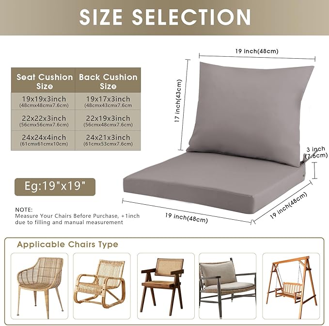 Outdoor Seat Cushion Set 22 x 22 In, Water-Resistant & Fade-Resistan, Patio Furniture Cushions with Removable Cover Deep Seat & Back Cushion with Handle and Adjustable Straps for Chair Sofa,2PC