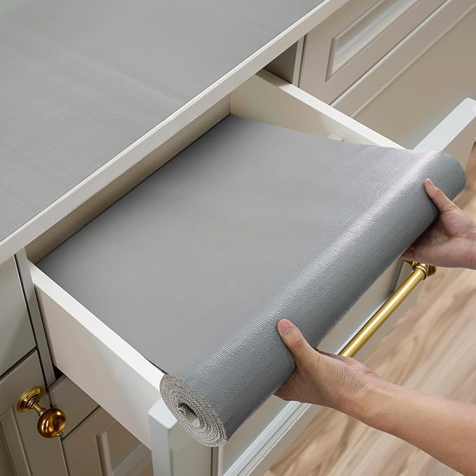 Shelf and Drawer Liner for Kitchen Cabinets Non-Adhesive, Strong Grip Non-Slip Thickened Cabinet Liners for Shelves, Waterproof Mats for Dresser Cupboard, Pure Gray, 23 in x 20 Feet