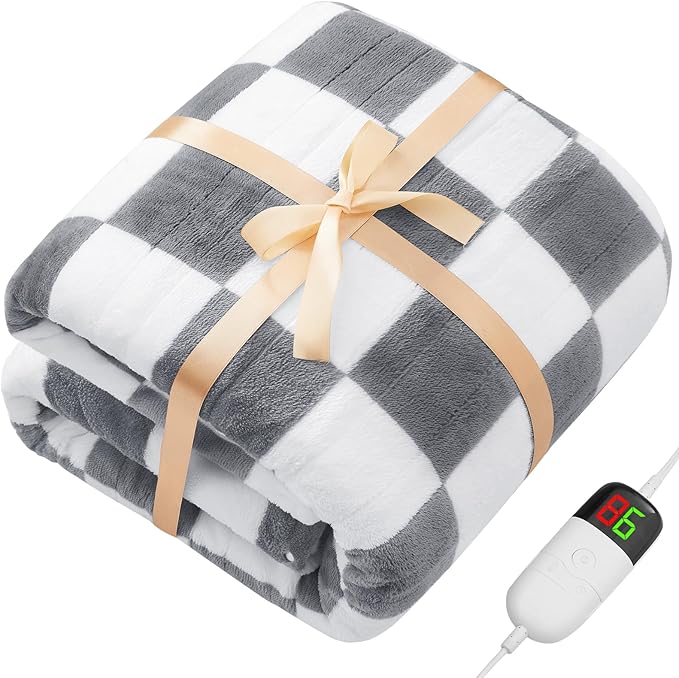 Heated Electric Blanket Twin Size, 62X84 Heating Blanket with 10 Heat Level & 8 Hours Auto Off, Light Gray Checkered Plaid Soft Fleece Sherpa Blankets Warmer Gifts for Couch Grandma Women Adults