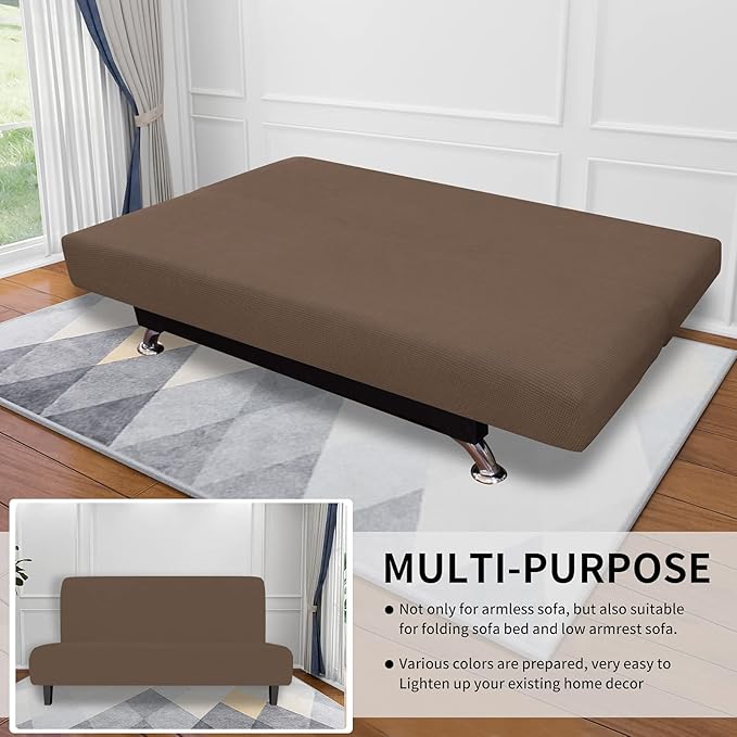 Easy-Going Stretch Futon Slipcover Armless Futon Bed Cover Furniture Protector Without Armrests with Elastic Bottom for Kids, Soft Jacquard Fabric Small Checks (Large, Brown)