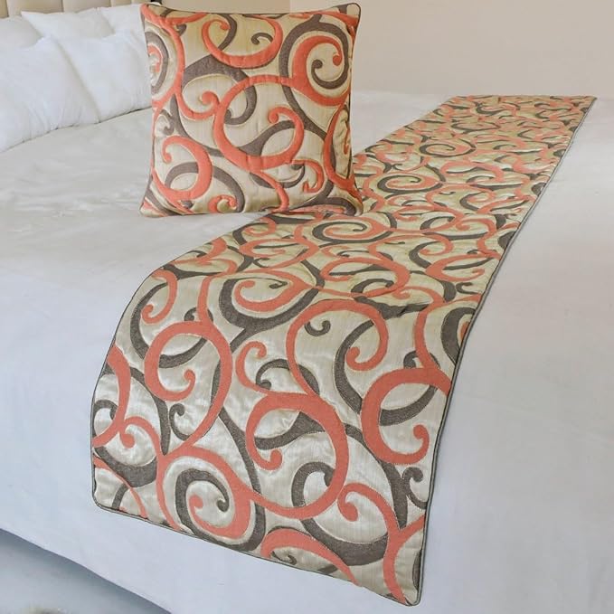 The HomeCentric King/Queen/Twin Orange Luxury King 90"x18" Bed Runner with Two Pillow Cover, Scroll, Jacquard & Quilted Bed Scarf on Jacquard Fabric - Scroll Cascade