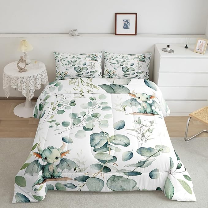 Erosebridal Boys Magic Animal Full Size Comforter Set Cute Dragon Bedding Set, Cartoon Wildlife Down Comforter Green Leaf Bed Set, Spring Garden Plant Quilted Duvet Child Kids Bedroom Decor
