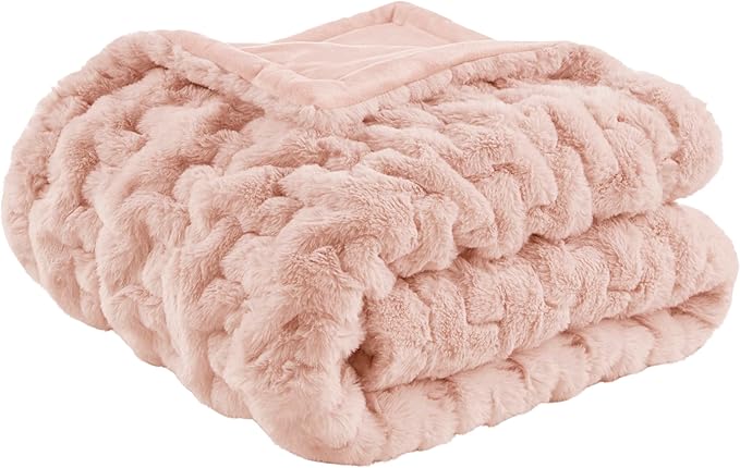 Madison Park Ruched Luxury Throw Premium Soft Cozy Brushed Long Faux Fur For Bed, Couch or Sofa, 50"x60", Blush